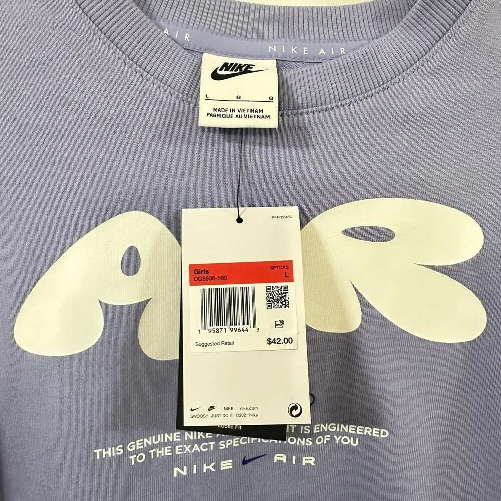 Nike Air Girls Long Sleeve Crew Neck Sweatshirt Top Purple Blue Large